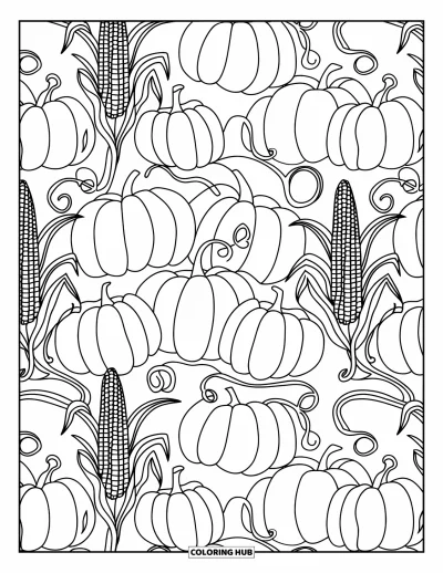 Coloriage de récolte pour adultes : Des citrouilles, des tiges de maïs et des vrilles tourbillonnantes se répètent dans un motif apaisant en couches