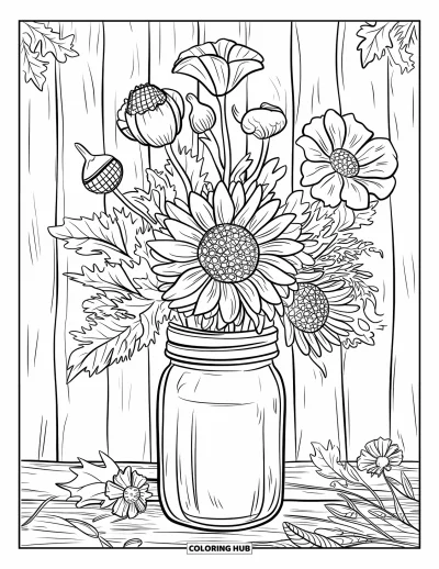 Coloriage de récolte pour adultes : Des fleurs sauvages et des capsules de graines dans un bocal en verre avec des feuilles, des brindilles et des fleurs supplémentaires
