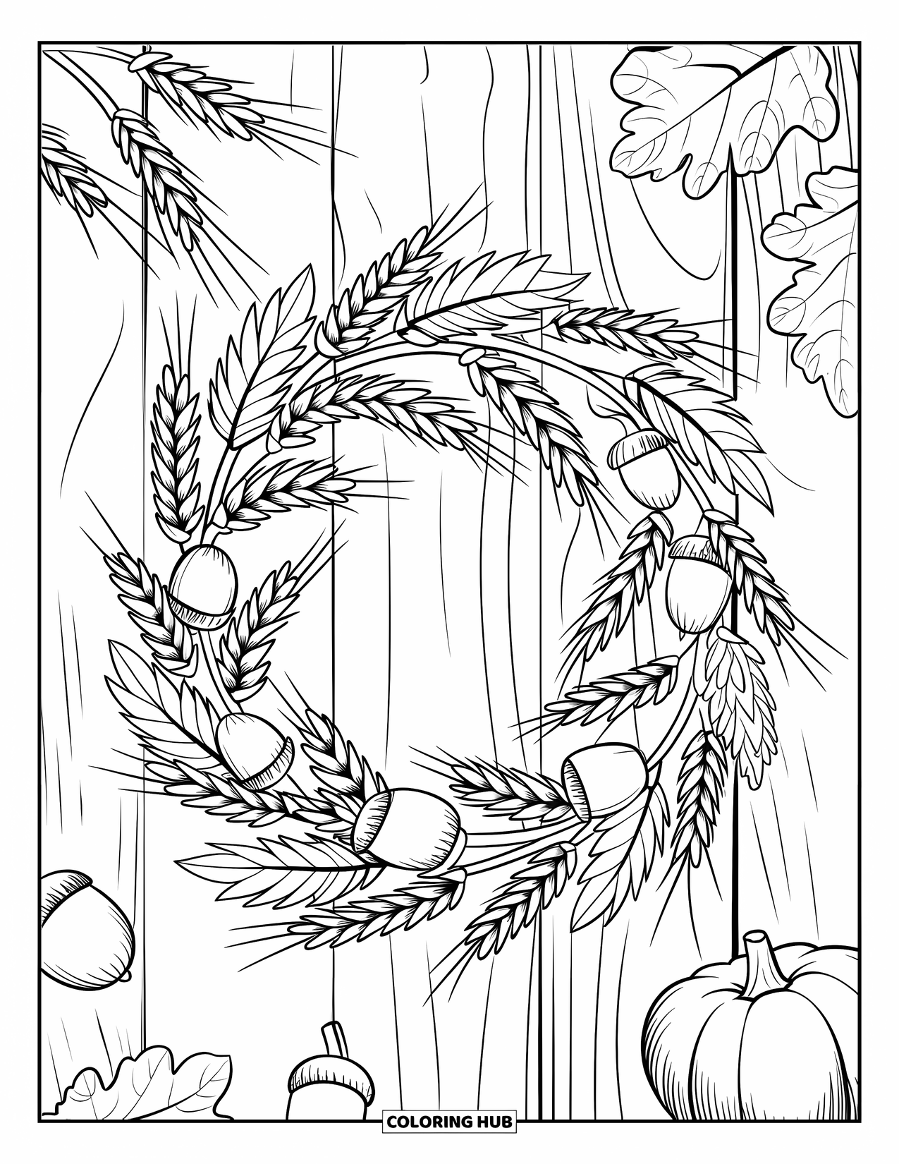Harvest Coloring Page for Adults: Wreath of wheat, acorns, pumpkins, and leaves resting on rustic boards
