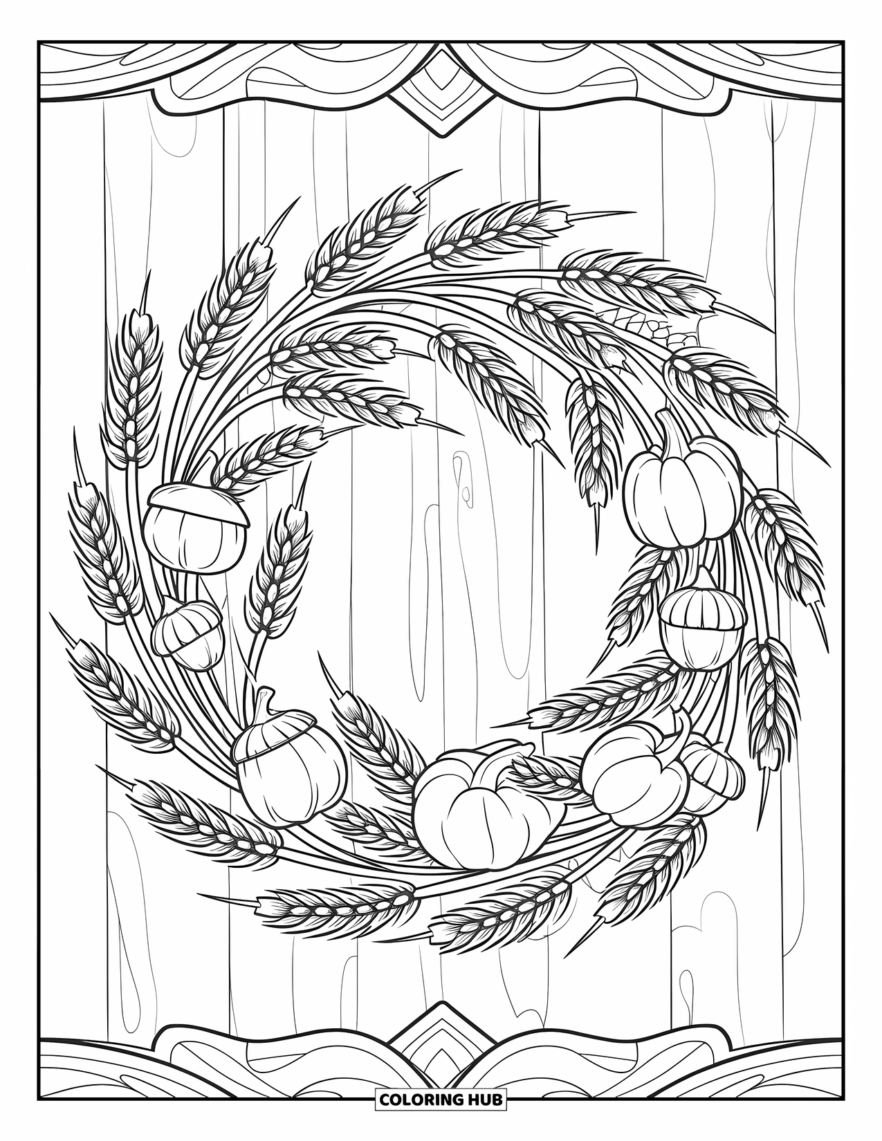 Harvest Coloring Page for Adults: Wreath of wheat stalks, acorns, tiny pumpkins, and leaves on patterned wood