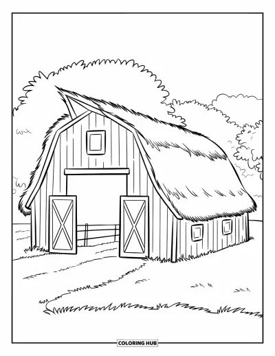 Coloriage de récolte pour enfants : Une grange avec une grande porte ouverte et une petite clôture se trouve près d'arbres et d'un champ