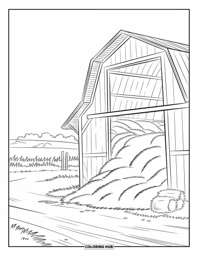 Coloriage de récolte pour enfants : Une grange avec un grenier ouvert et du foin se trouve au bord d'un chemin de terre et d'un champ