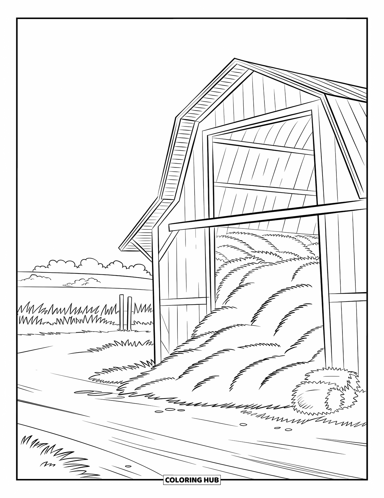 Harvest Coloring Page for Kids: A barn with an open loft and hay sits by a dirt road and field