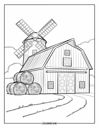 Coloriage de récolte pour enfants : Une grange avec des bottes de foin bien rangées et un moulin à vent à proximité