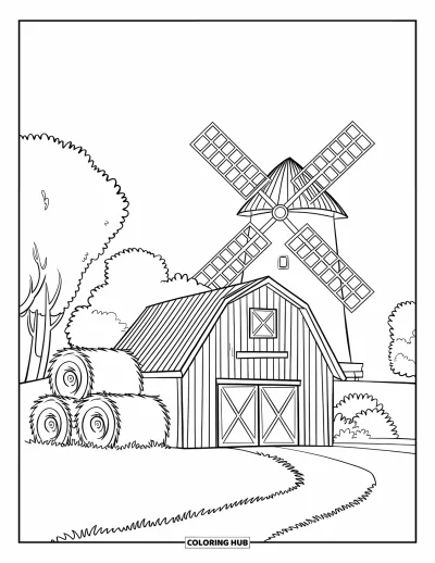 Coloriage de récolte pour enfants : Une grange avec des bottes de foin, des arbres et un chemin menant à la porte