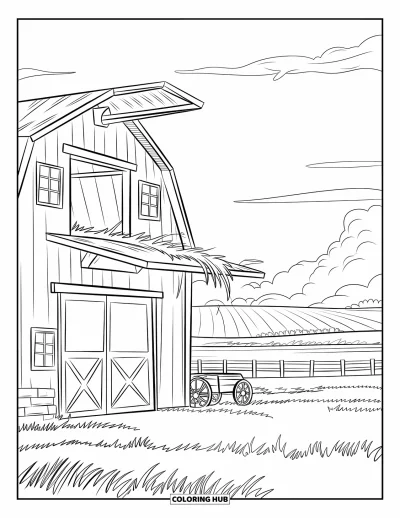 Coloriage de récolte pour enfants : Une grange avec du foin tombant du grenier près d'un grand champ herbeux