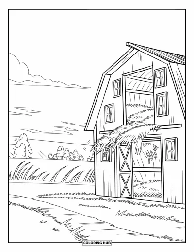 Coloriage de récolte pour enfants : Une grange avec un grenier ouvert, du foin et un chemin près de grandes herbes et d'arbres