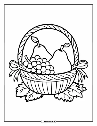 Coloriage de récolte pour enfants : Un panier avec des poires, des raisins et des feuilles noué avec un ruban