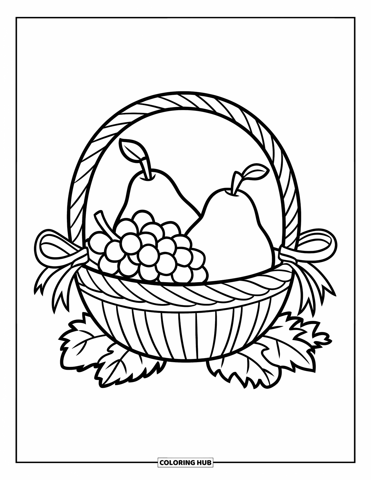 Harvest Coloring Page for Kids: A basket with pears, grapes, and leaves tied with a ribbon