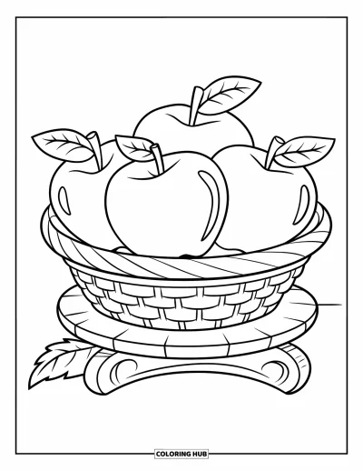 Coloriage de récolte pour enfants : Un panier avec trois pommes et des feuilles posé sur un présentoir en bois