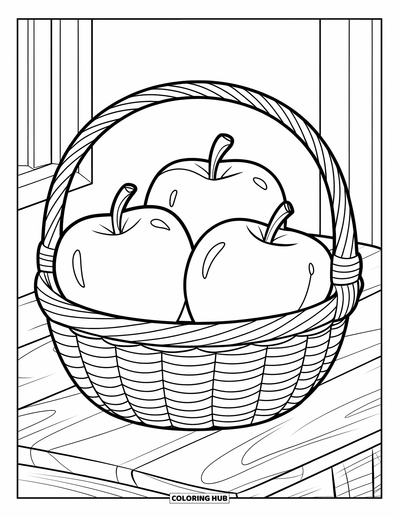 Harvest Coloring Page for Kids: A basket with three big apples sits on a wooden table