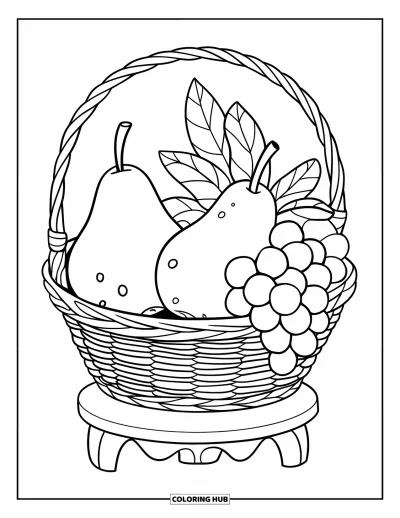 Coloriage de récolte pour enfants : Un panier avec deux poires et des raisins posé sur un présentoir en bois