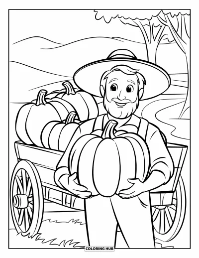 Coloriage de récolte pour enfants : Un fermier barbu tient une grosse citrouille près d'un chariot à la campagne