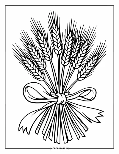 Coloriage de récolte pour enfants : Un bouquet de blé attaché avec un ruban disposé en cercle