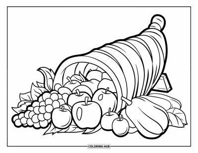 Coloriage de récolte pour enfants : Une corne d'abondance sur un présentoir débordant de pommes, de raisins et de courges