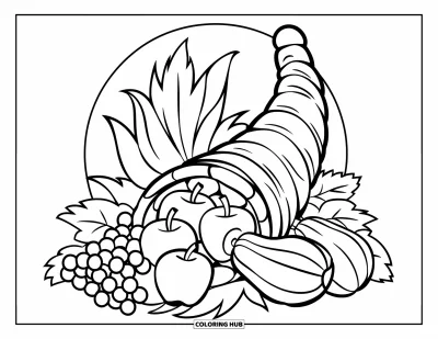 Coloriage de récolte pour enfants : Une corne d'abondance laisse échapper des pommes, des raisins et des courges à l'intérieur d'une forme circulaire