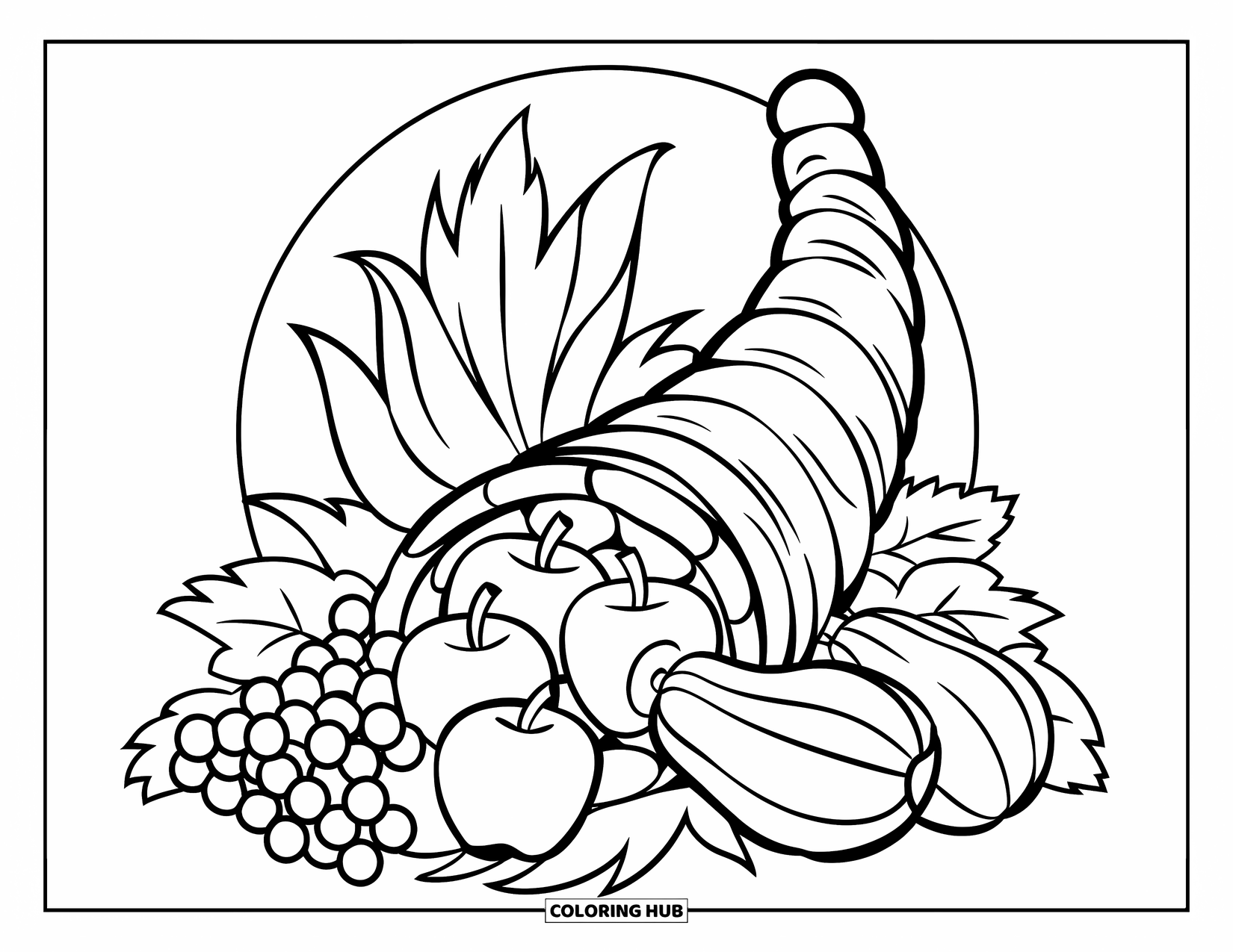 Harvest Coloring Page for Kids: A cornucopia spills apples, grapes, and squash inside a circle shape