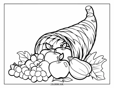 Coloriage de récolte pour enfants : Une corne d'abondance entourée d'un panier laisse déborder des pommes, des raisins et des courges