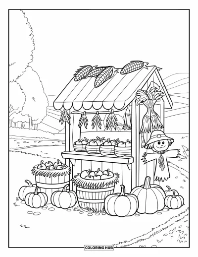 Coloriage de récolte pour enfants : Un étal chaleureux avec des pommes, du maïs, des citrouilles, de la paille et un épouvantail à la campagne