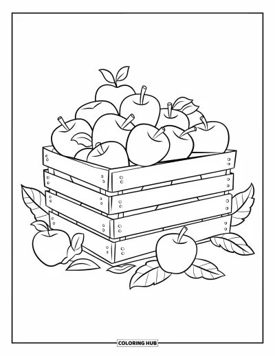 Coloriage de récolte pour enfants : Une caisse débordant de pommes fraîches et de feuilles éparpillées