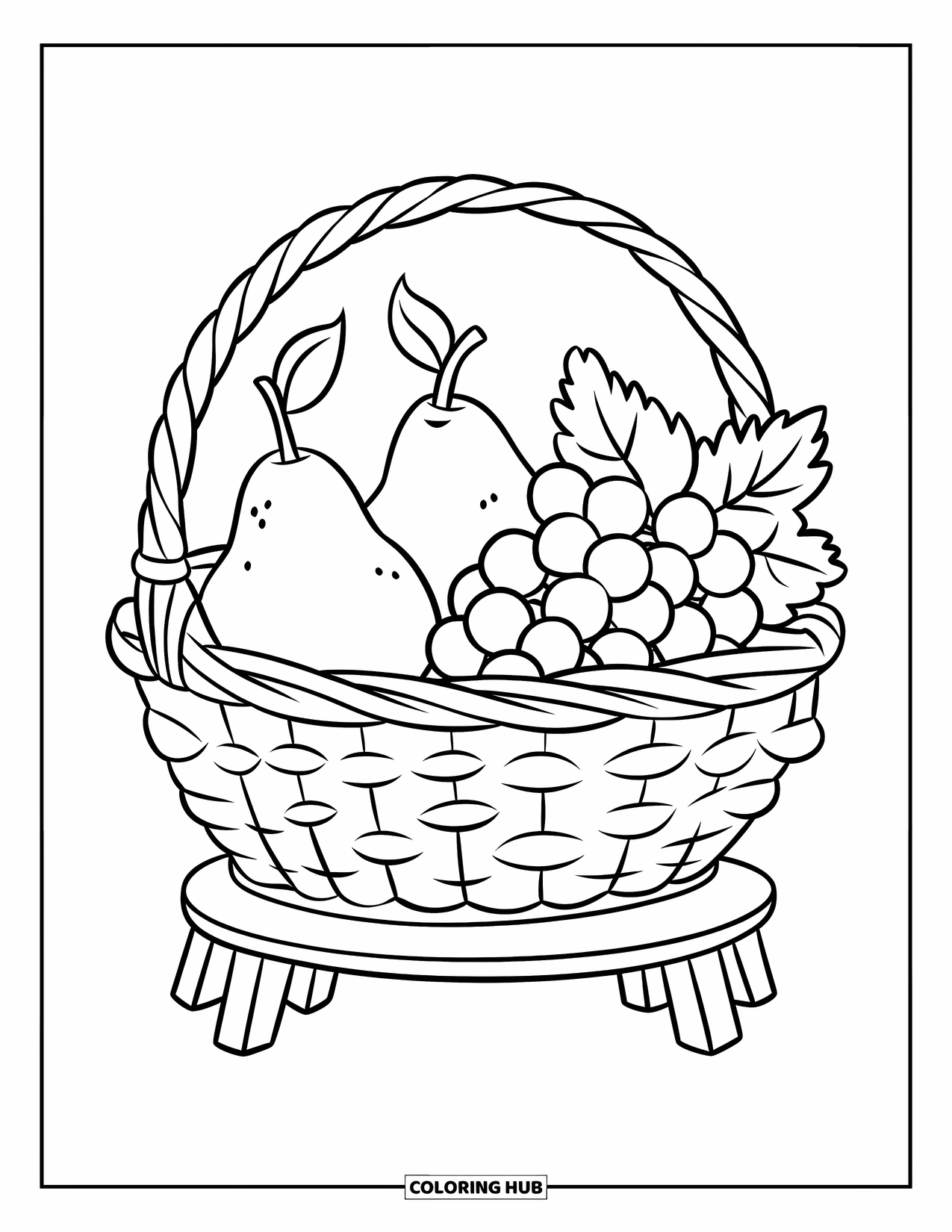 Harvest Coloring Page for Kids: A cute basket with pears and grapes sits on a wooden stand
