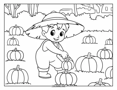 Coloriage de récolte pour enfants : Un mignon fermier avec un chapeau de paille ramasse des citrouilles dispersées dans un petit champ