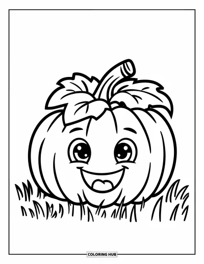 Coloriage de récolte pour enfants : Une petite citrouille avec une grande feuille sur le dessus et un visage joyeux