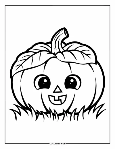 Coloriage de récolte pour enfants : Une petite citrouille avec une grande feuille reposant sur de l'herbe