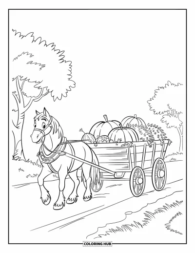 Coloriage de récolte pour enfants : Un cheval de ferme tire un chariot chargé de produits de la récolte sur un chemin de terre