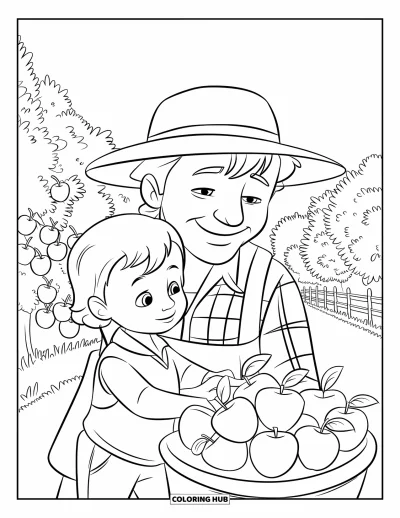 Coloriage de récolte pour enfants : Un fermier et un enfant cueillent des pommes ensemble sous des arbres de verger et une clôture en bois