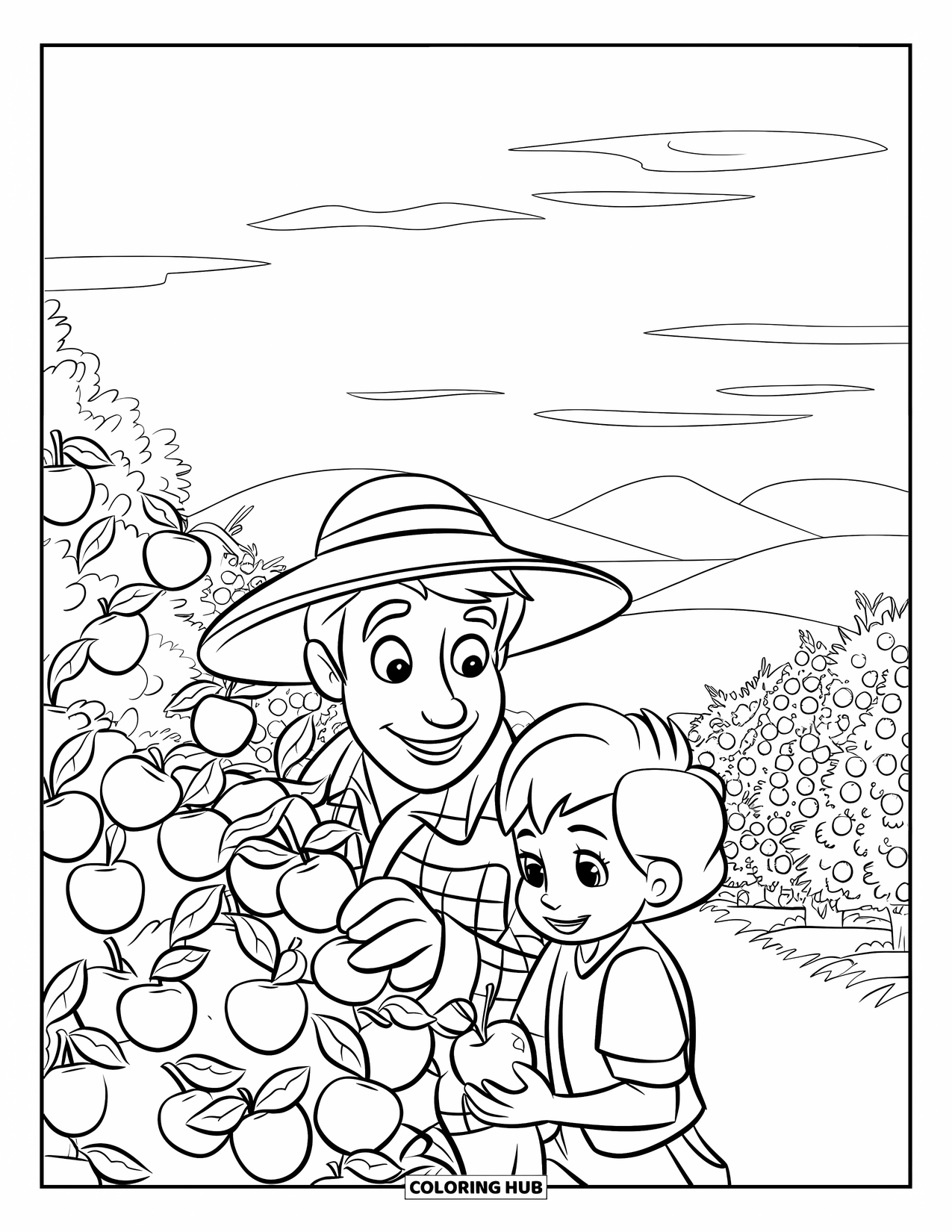 Harvest Coloring Page for Kids: A farmer and child pick apples under orchard trees with rolling hills beyond