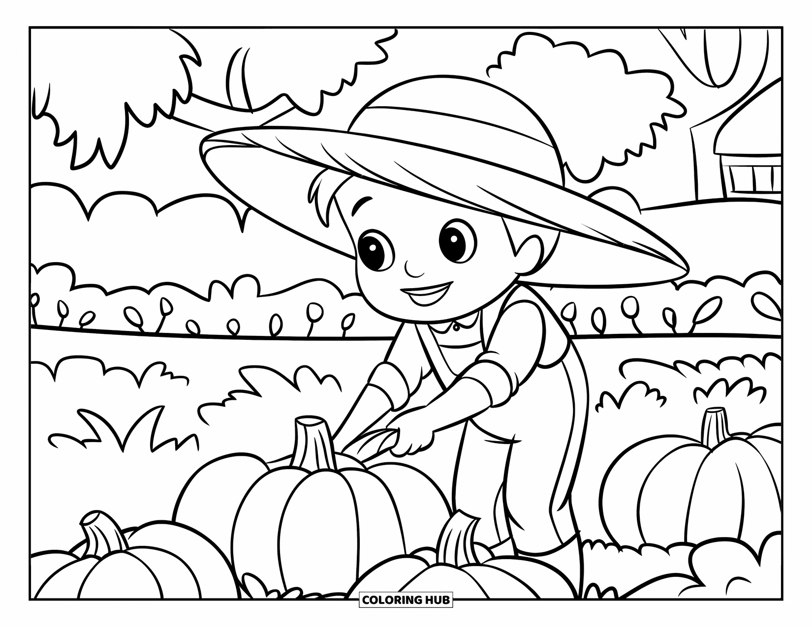 Harvest Coloring Page for Kids: A farmer with a hat and overalls picks pumpkins by trees and a building