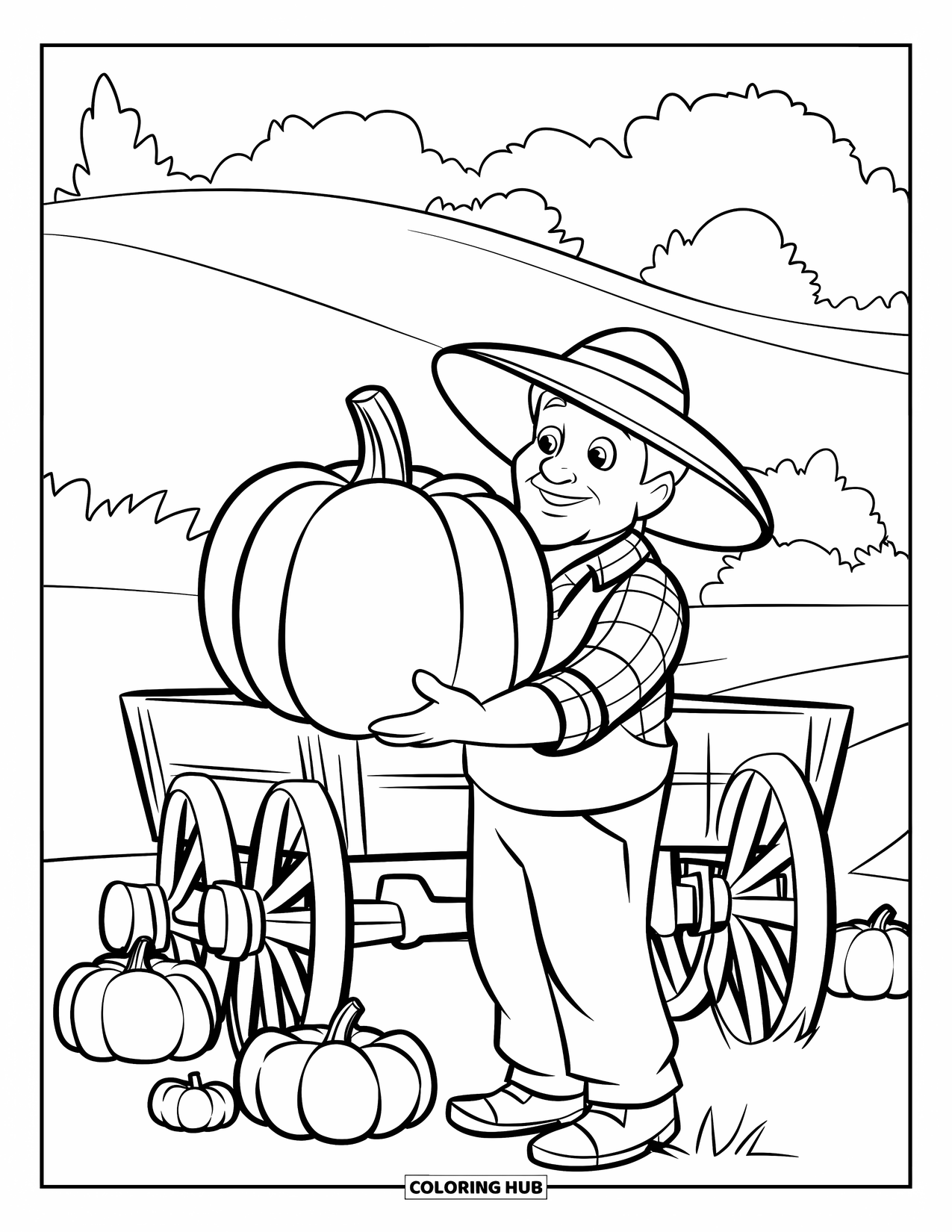 Harvest Coloring Page for Kids: A farmer with a pumpkin stands near a wagon and small pumpkins on the ground
