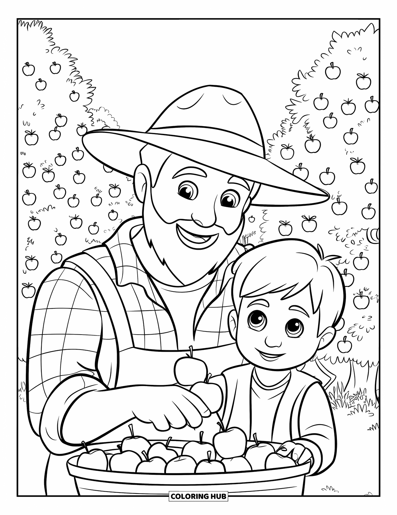 Harvest Coloring Page for Kids: A farmer with a straw hat and child gather apples among orchard rows
