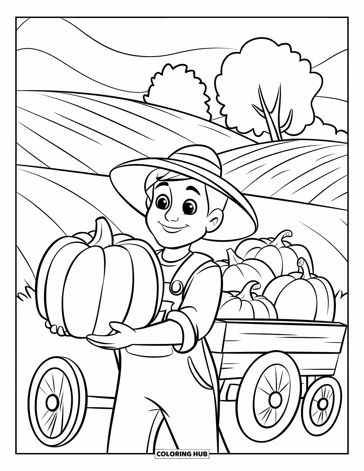 Harvest Coloring Page for Kids: A farmer with a straw hat holds a big pumpkin beside a loaded wagon