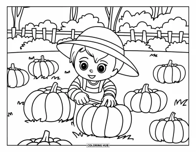 Coloriage de récolte pour enfants : Un fermier avec une chemise rayée et un chapeau de paille ramasse des citrouilles près d'arbres et d'une clôture