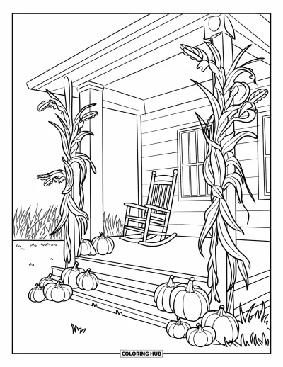 Coloriage de récolte pour enfants : Le porche d'une ferme avec des citrouilles, des tiges de maïs et un rocking-chair surplombant les champs