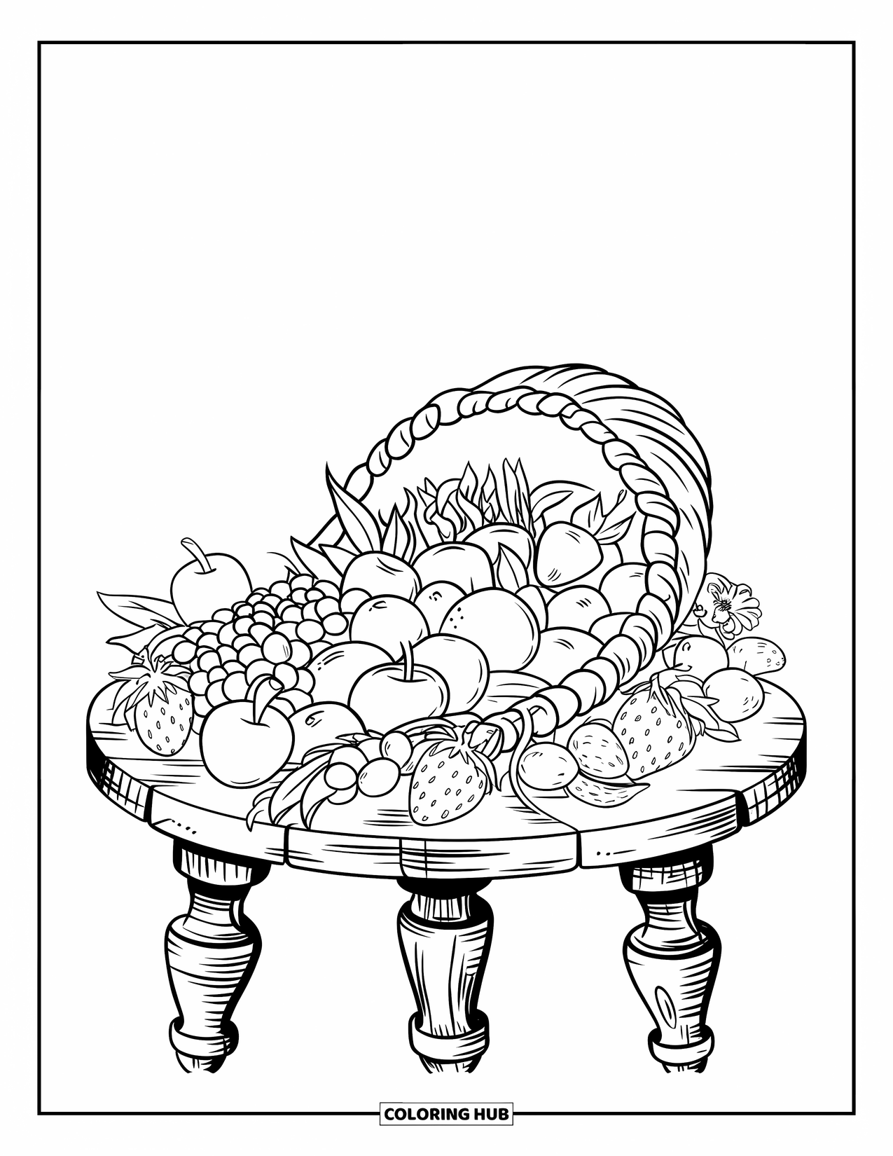 Harvest Coloring Page for Kids: A full cornucopia with fruits, veggies, and flowers rests on a rustic wooden table