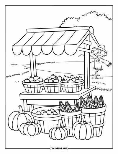 Coloriage de récolte pour enfants : Un étal de récolte près d'un champ de citrouilles avec des paniers de pommes, du maïs et un épouvantail
