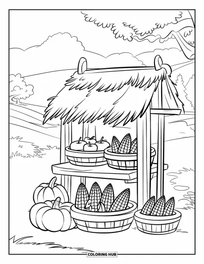 Coloriage de récolte pour enfants : Un étal de récolte avec des pommes, du maïs, des citrouilles et des courges près de collines ondulantes