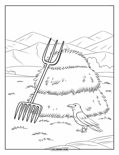 Coloriage de récolte pour enfants : Une meule de foin avec une fourche et un corbeau dans un champ près des montagnes