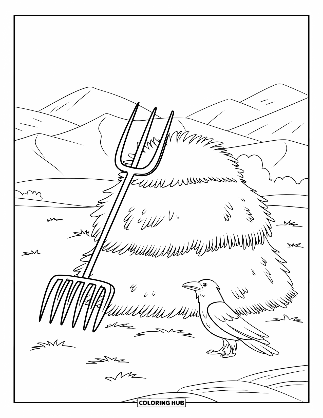 Harvest Coloring Page for Kids: A haystack with a pitchfork and a crow stands in a field near mountains