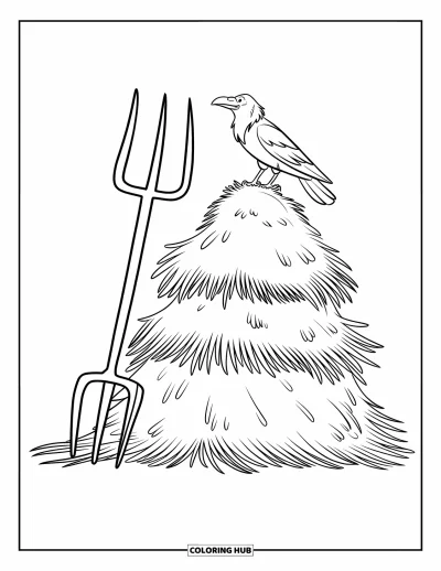 Coloriage de récolte pour enfants : Une meule de foin avec une fourche et un corbeau perché tranquillement dessus