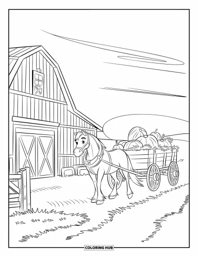 Coloriage de récolte pour enfants : Un cheval tire un chariot de récolte garé près d'une grange rustique et d'une clôture en bois