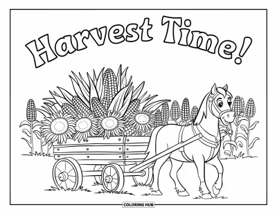 Coloriage de récolte pour enfants : Un cheval tire un chariot de maïs et de tournesols avec "Harvest Time !" au-dessus d'un champ de maïs