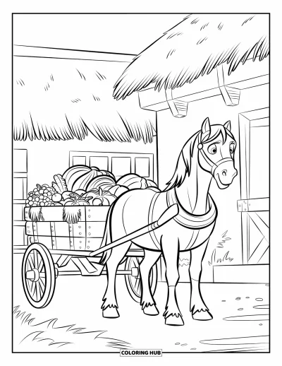 Coloriage de récolte pour enfants : Un cheval près d'un bâtiment agricole avec un chariot plein de fruits et de légumes