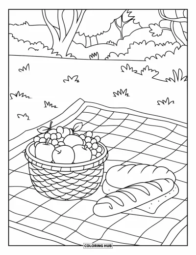 Coloriage de récolte pour enfants : Une couverture de pique-nique avec un panier de fruits et du pain frais dans un parc ensoleillé
