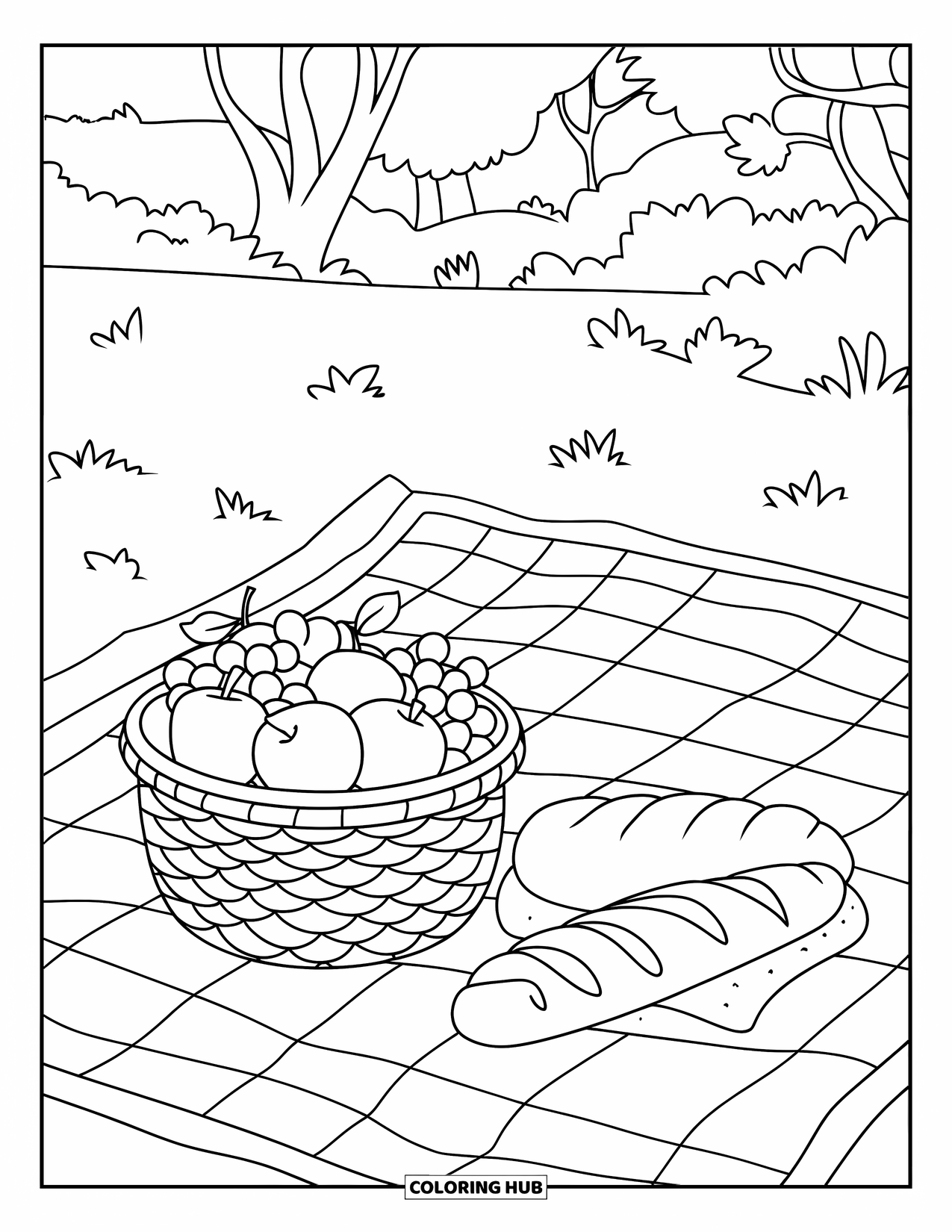 Harvest Coloring Page for Kids: A picnic blanket holds a basket of fruits and fresh bread in a sunny park