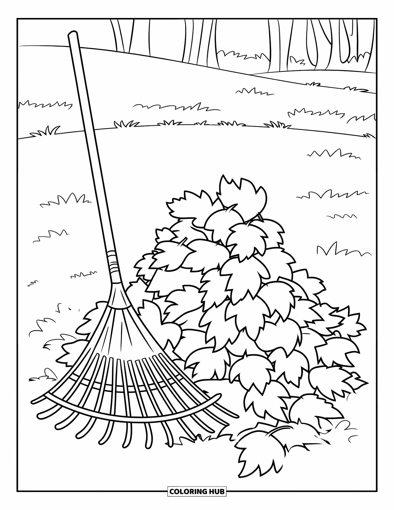Harvest Coloring Page for Kids: A pile of leaves with a rake leaning nearby in a grassy field with trees