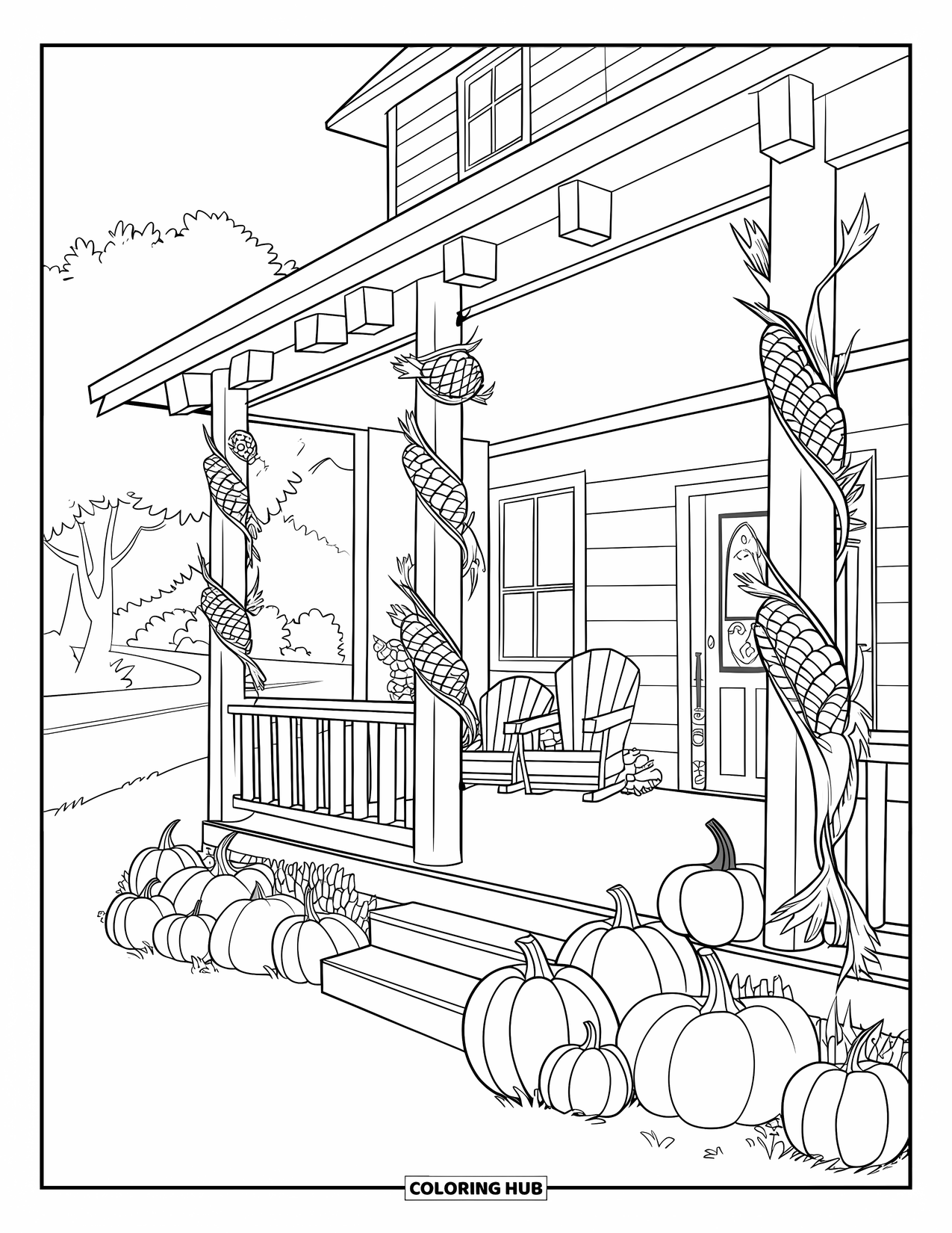 Harvest Coloring Page for Kids: A porch decorated with pumpkins, cornstalks, and chairs near trees and a road